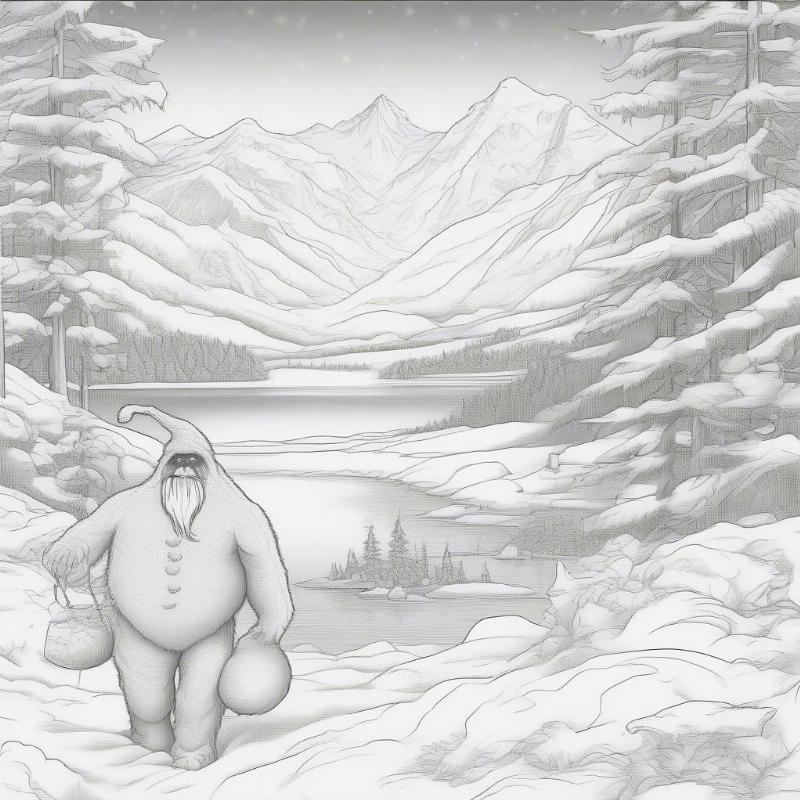 Abominable Snowman Winter Landscape Coloring Page