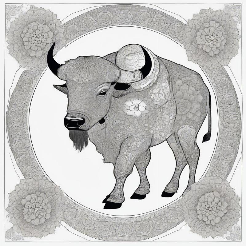 Mandala African buffalo with elaborate patterns, ideal for stress-relief coloring.