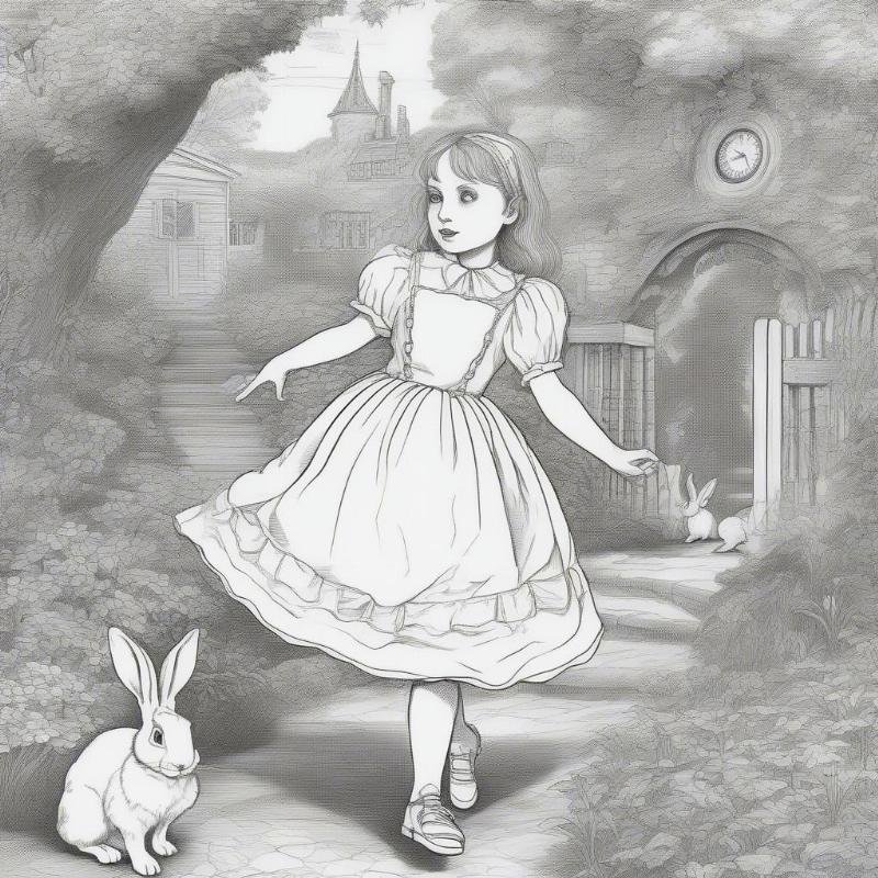 Alice Pleasant Liddell and the White Rabbit Coloring Page