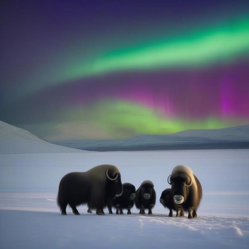 A family of Musk Oxes resting on a snowy hill, surrounded by the breathtaking Northern Lights