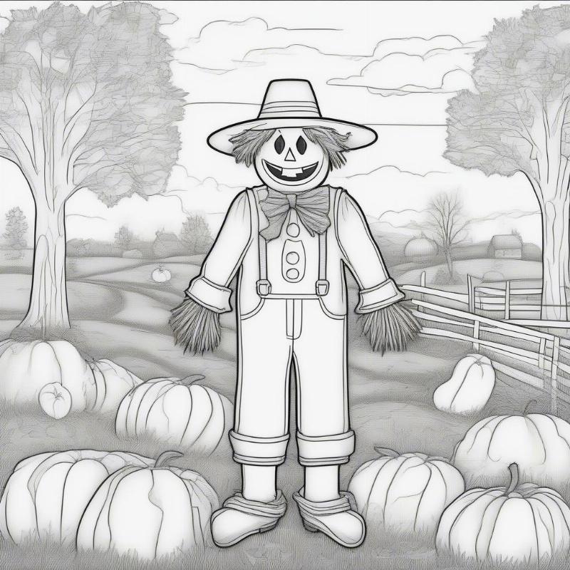 Whimsical Autumn Scarecrow Coloring Page