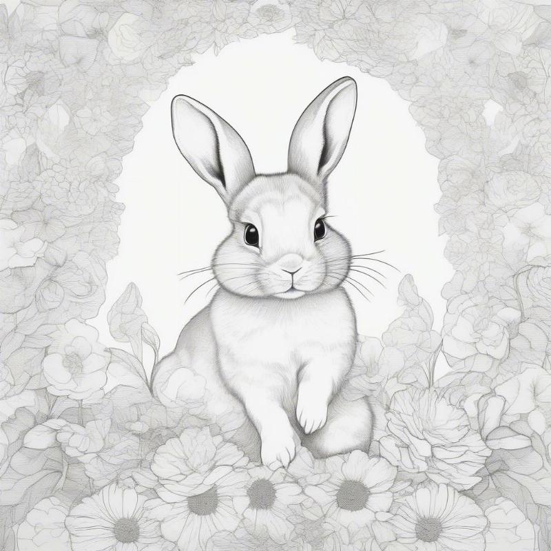 Printable baby animal coloring page featuring a baby bunny and flowers