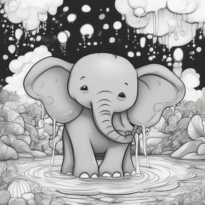 Adorable baby elephant splashing water in a fun cartoon style.