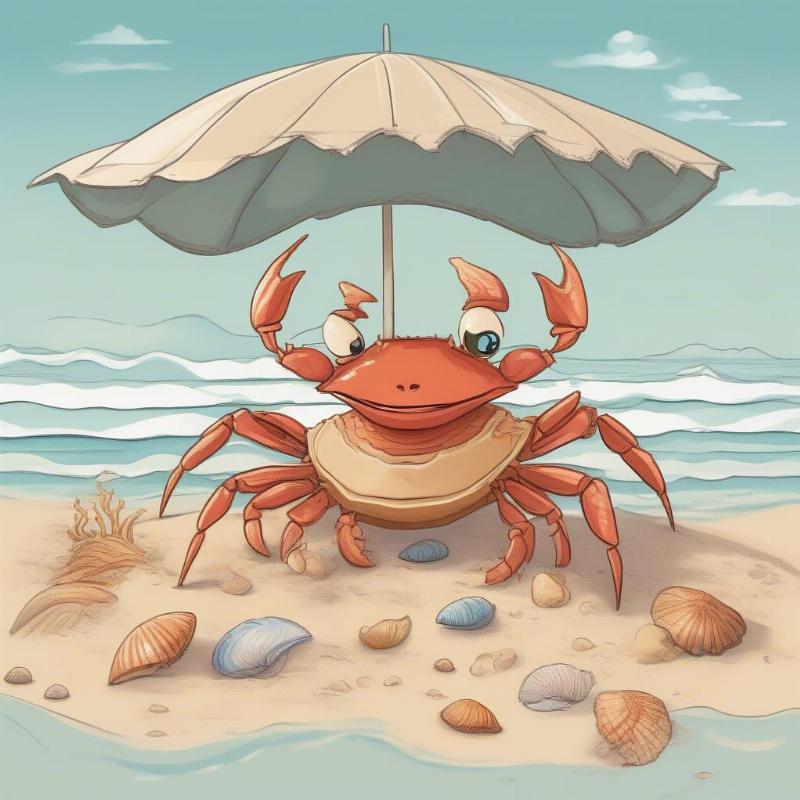 Cartoon crab on the beach under a parasol, showcasing its playful personality in a tropical setting.