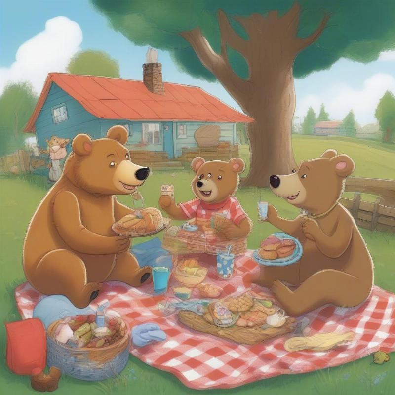 Bear and Friends Having a Picnic Coloring Page