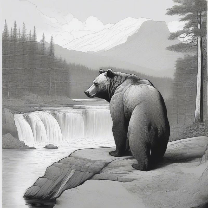 Grizzly bear catching fish near a cascading waterfall scene