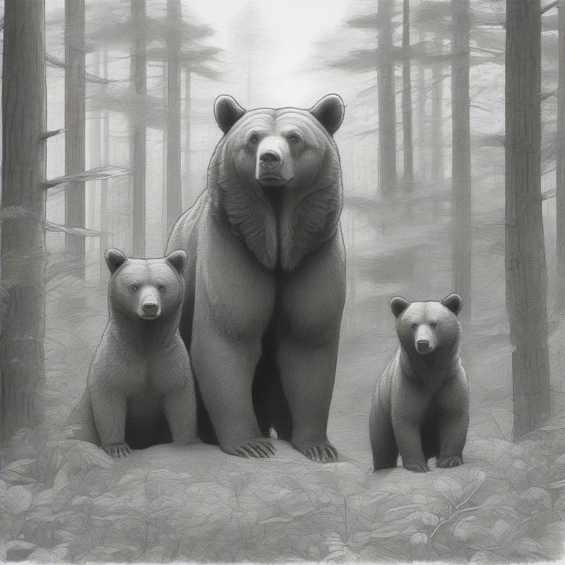 Black-and-white forest scene featuring a family of grizzly bears exploring together