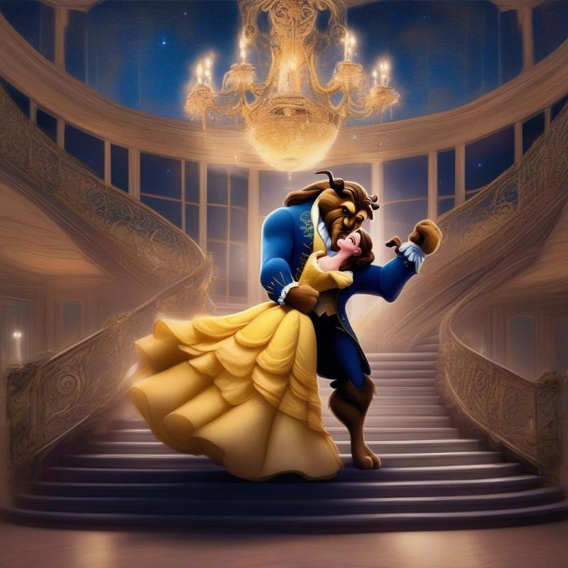 Beast and Belle Dancing in the Ballroom Coloring Page