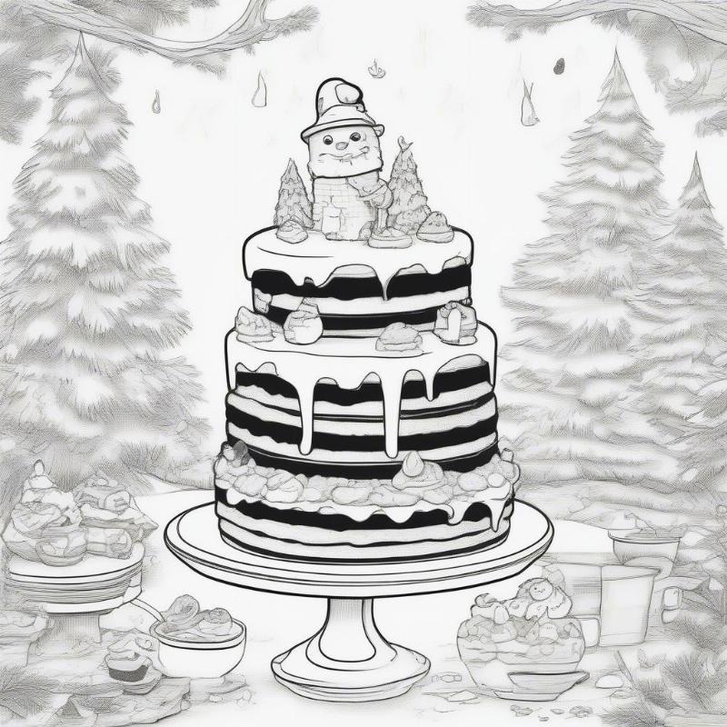 Whimsical Black Forest Cake Scene Coloring Page