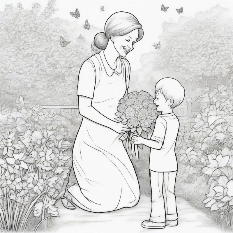 Boy Giving Mom Flowers Coloring Page