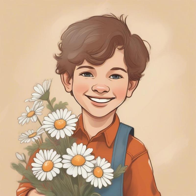 Boy Holding a Daisy Bouquet Coloring Page