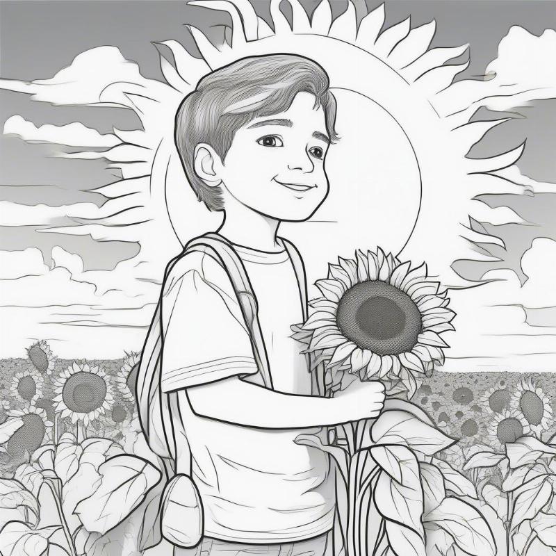 Boy Holding Sunflower Bouquet Coloring Page