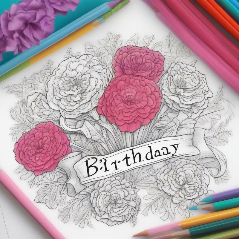 Carnation Word Art Birthday Coloring Page