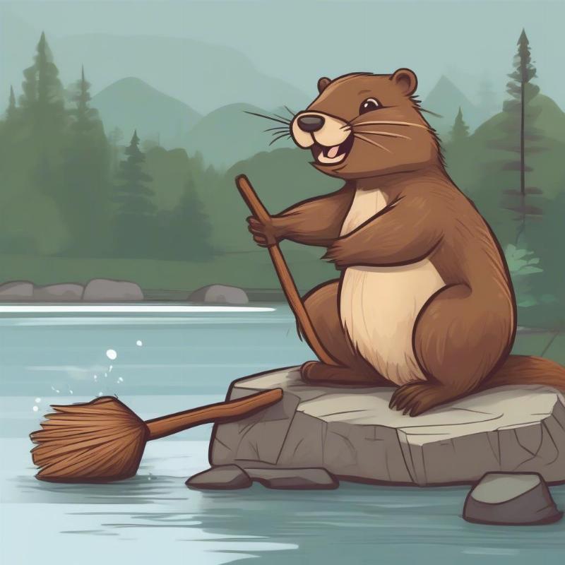 Adorable beaver holding a stick in cartoon style with happy expression