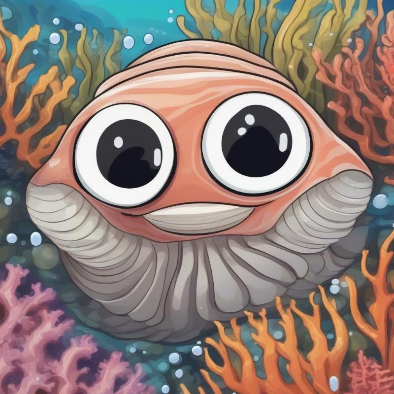 Smiling cartoon clam surrounded by ocean plants