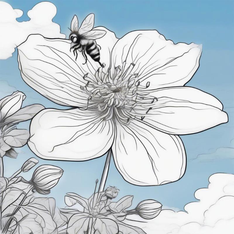 Cartoon Clematis with Bee Coloring Page