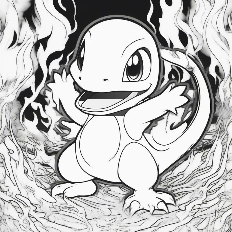 Charmander Pokemon Coloring Page with Fiery Background