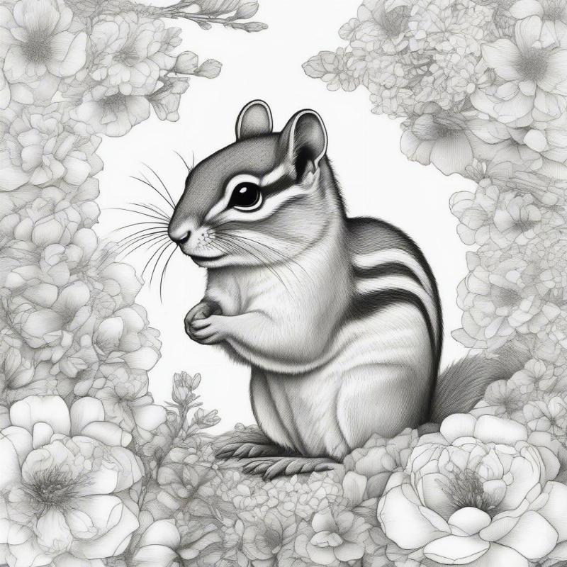 Detailed chipmunk surrounded by a floral background, ideal for older kids and adults.