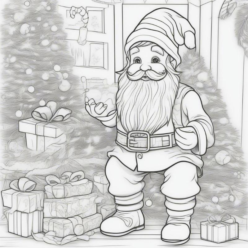 Festive Christmas Gnome Coloring Page with Holiday Decorations