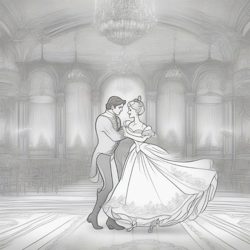 Cinderella Dancing with Prince Charming Coloring Page