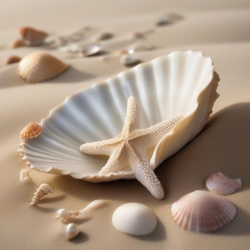 Clam beside small seashells on a sandy beach