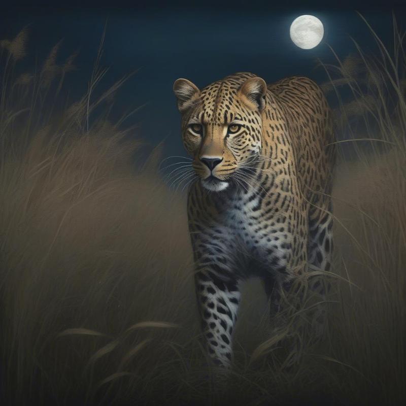 A realistic leopard prowling under a starlit sky, with a moonlit background perfect for gradient coloring.