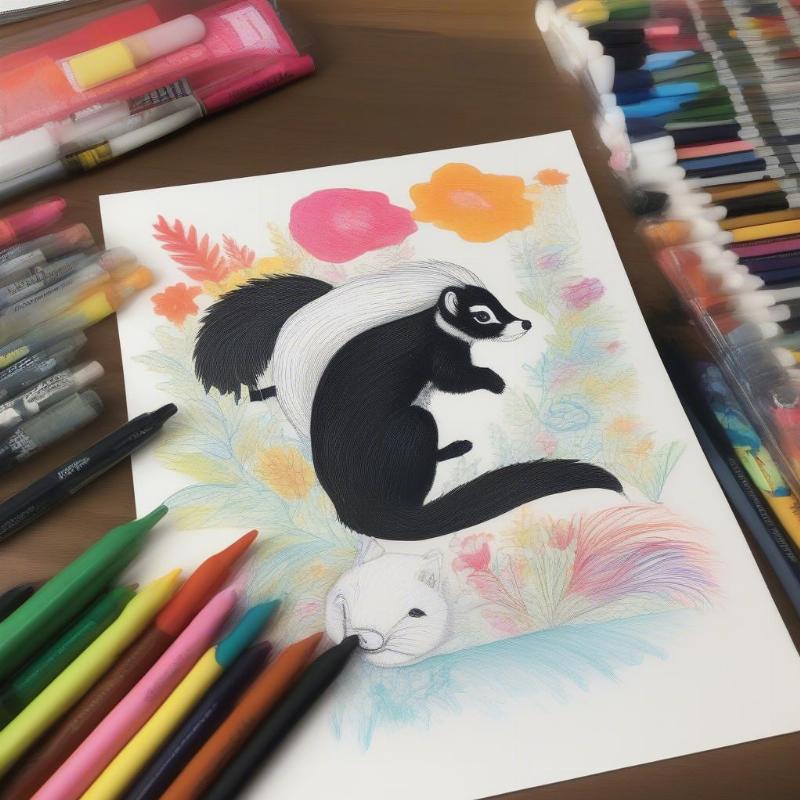 Flat-lay image of coloring tools like markers, colored pencils, and a skunk coloring page sheet