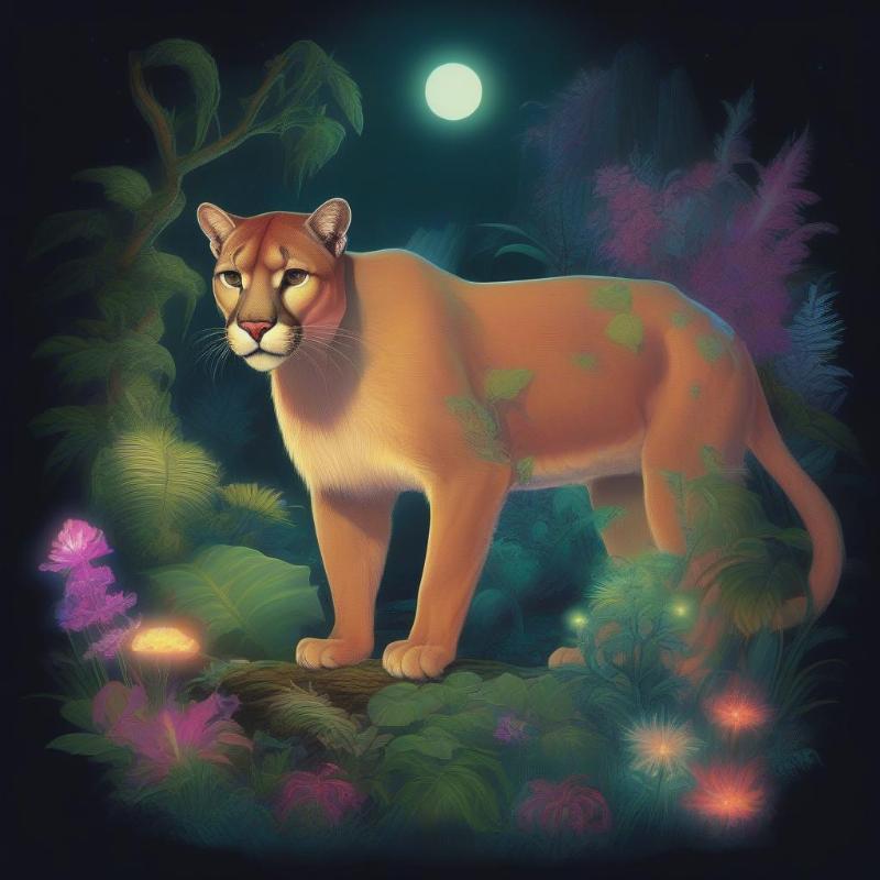 Fantasy-inspired mountain lion surrounded by glowing jungle scenery