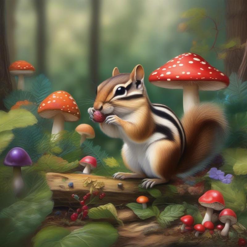 A chipmunk enjoying a forest filled with mushrooms and berries.