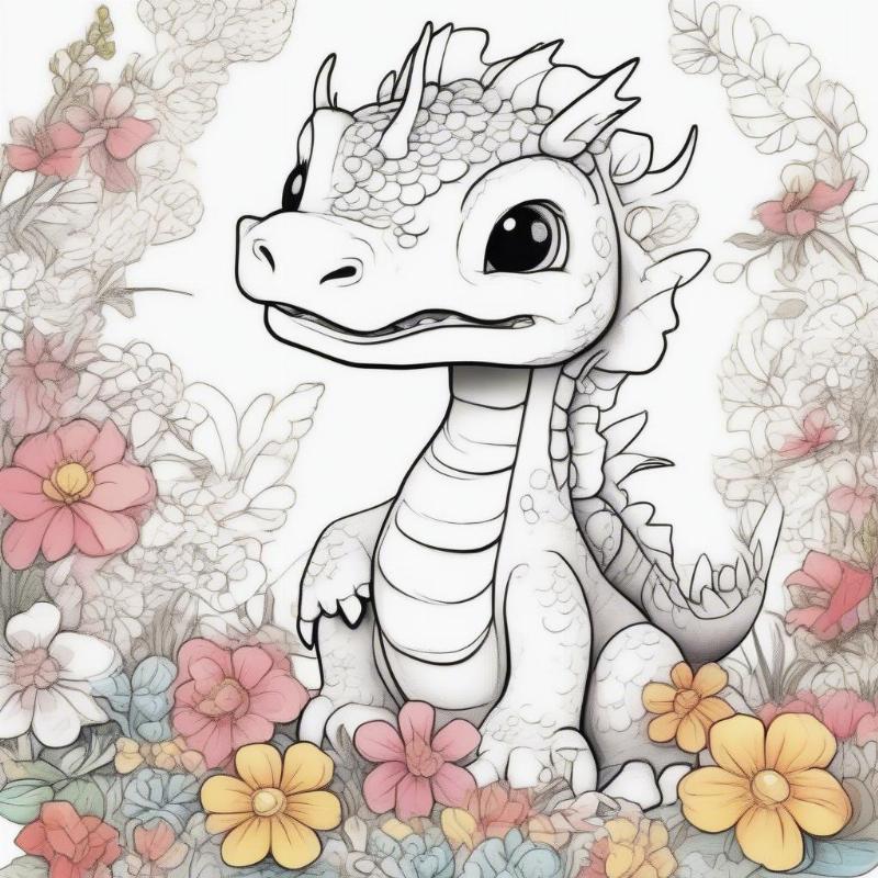 Cute Baby Flower Dragon Coloring Sheet for Kids