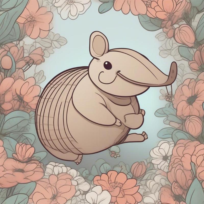 A cartoon armadillo holding a flower in a whimsical environment for kids to color