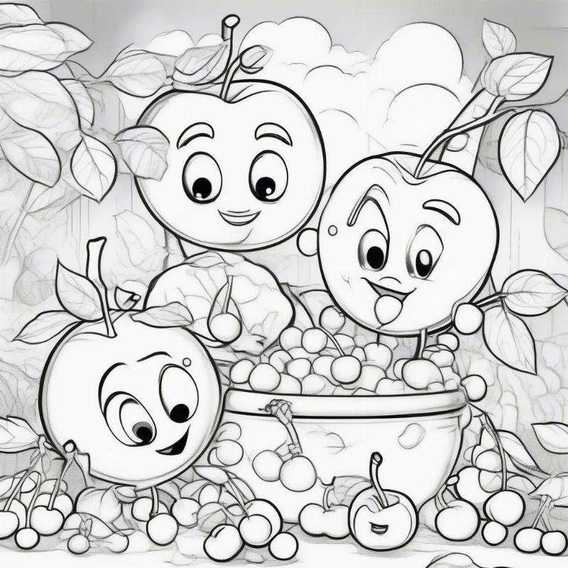 Adorable Cherry Characters Coloring Sheet for Kids