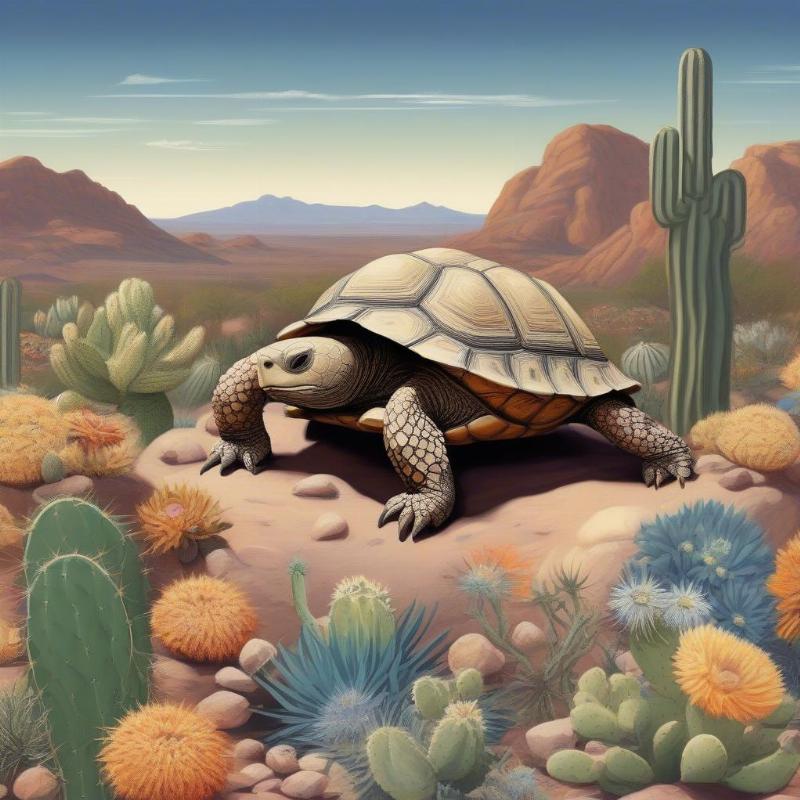 Detailed desert tortoise coloring page featuring its habitat.