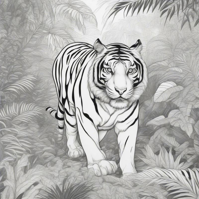 Realistic tiger in a wildlife setting coloring page