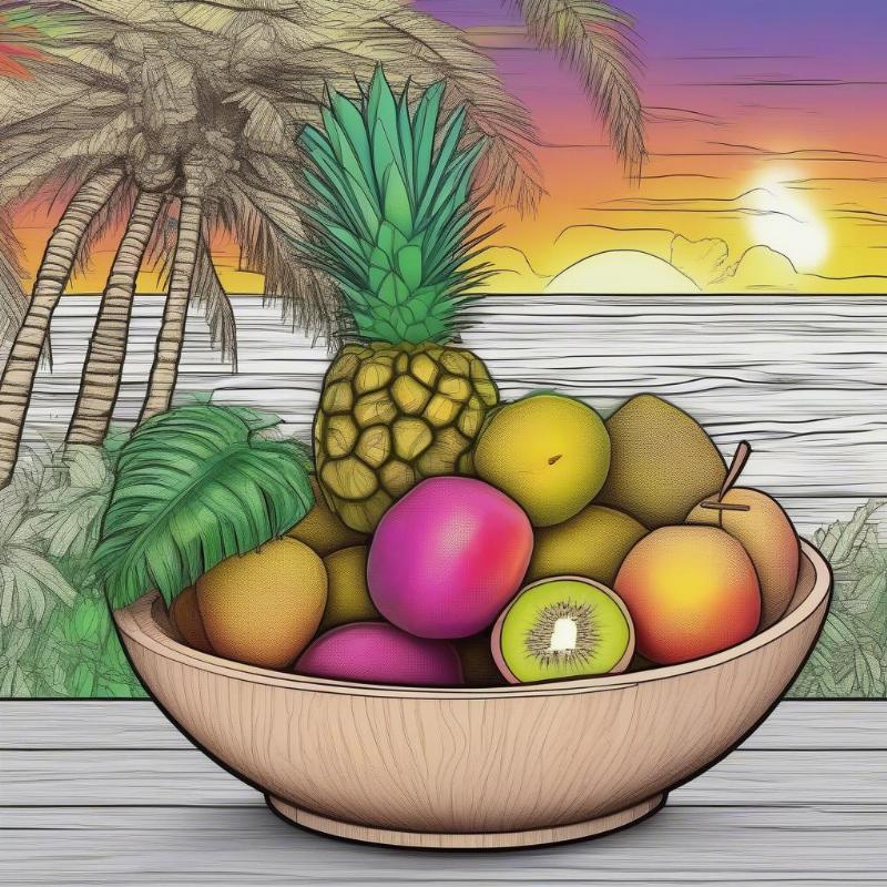 Exotic Fruit Bowl Coloring Page with Tropical Background