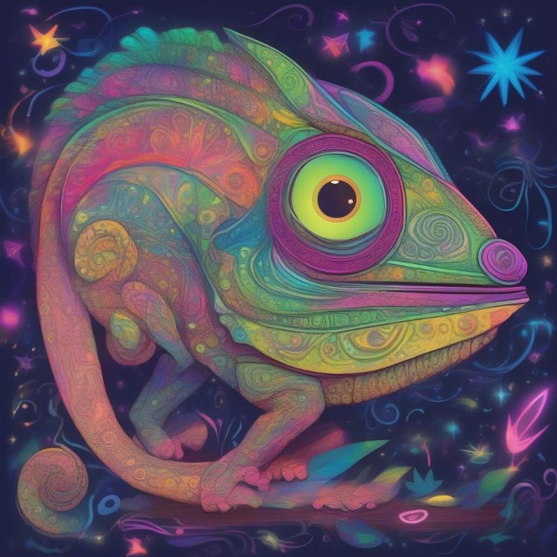 A whimsical, neon-colored chameleon illustration set against a starry backdrop