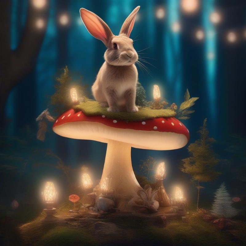 Whimsical rabbit sitting on a toadstool surrounded by magical sparkles.