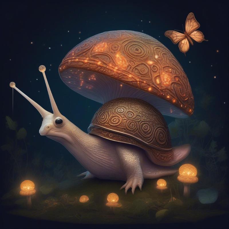 Fantasy snail illustration with whimsical details and creative patterns.