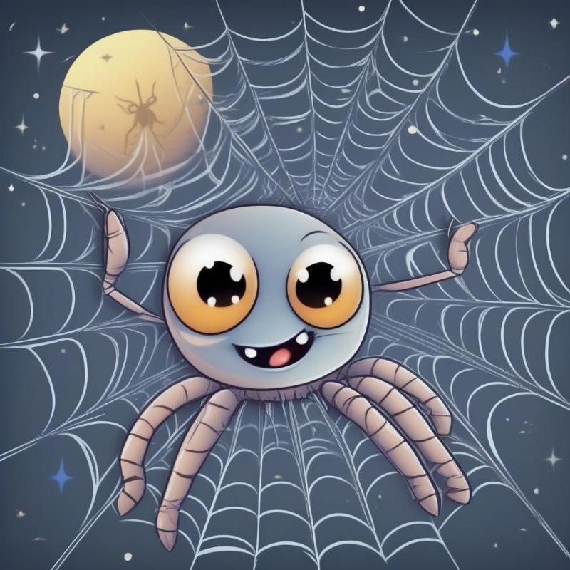 Colorful cartoon-style spider swinging on a web, surrounded by leaves and stars, for kids coloring fun