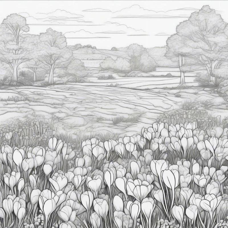 Field of Crocuses Spring Scene Coloring Page