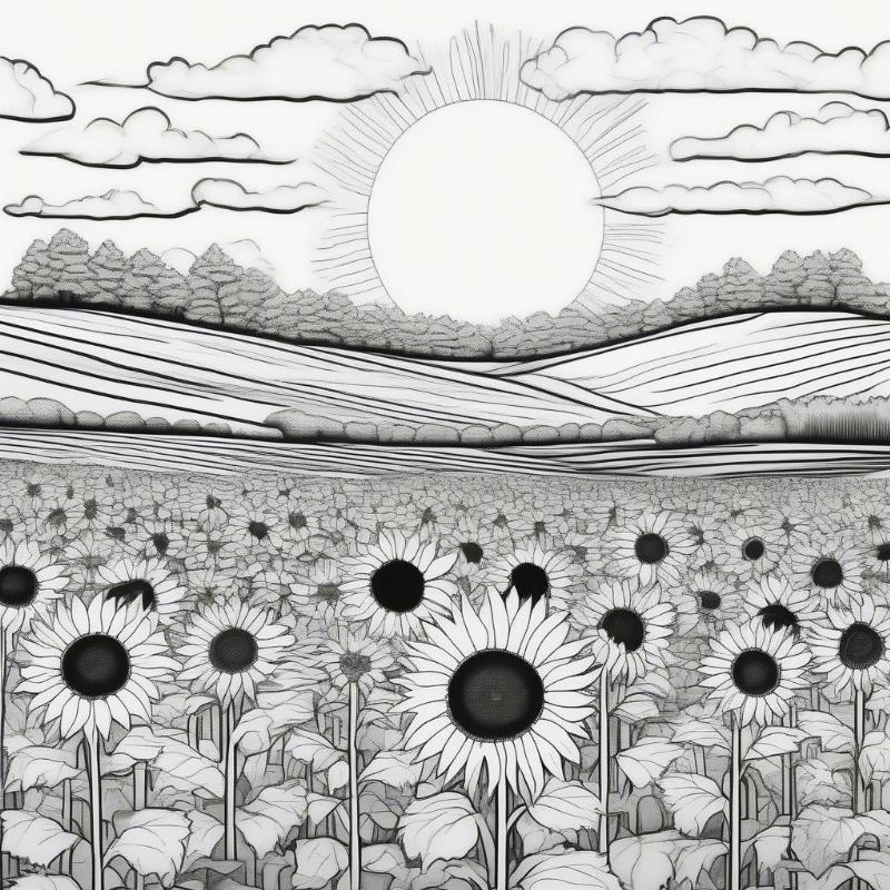 Field of Sunflowers Coloring Page for Kids