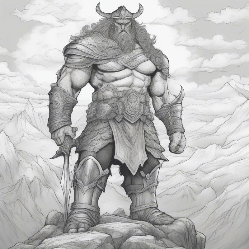 Fierce Giant on a Mountaintop Battle Scene Coloring Page