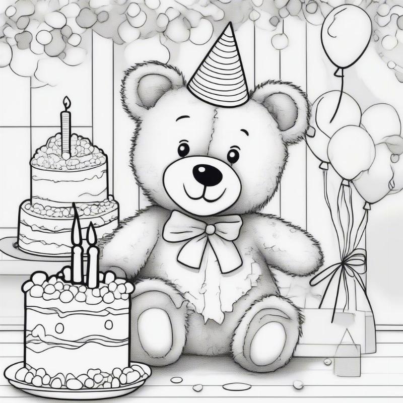 First Birthday Teddy Bear with Cake Coloring Page