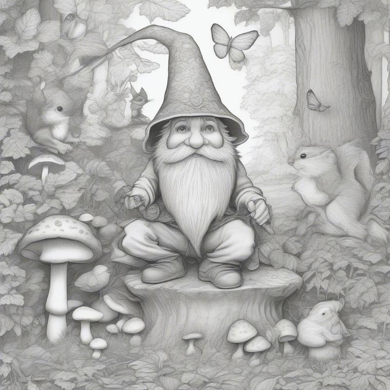 Intricate Forest Gnome Coloring Page with Mushrooms and Wildlife