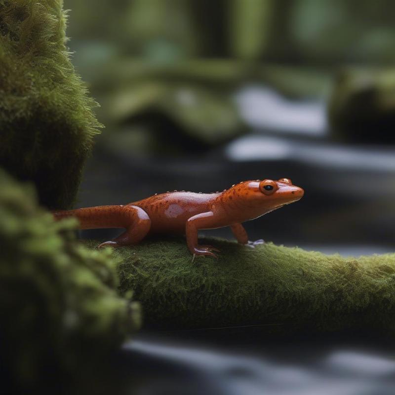 A realistic salamander in a natural forest setting with trees and streams.