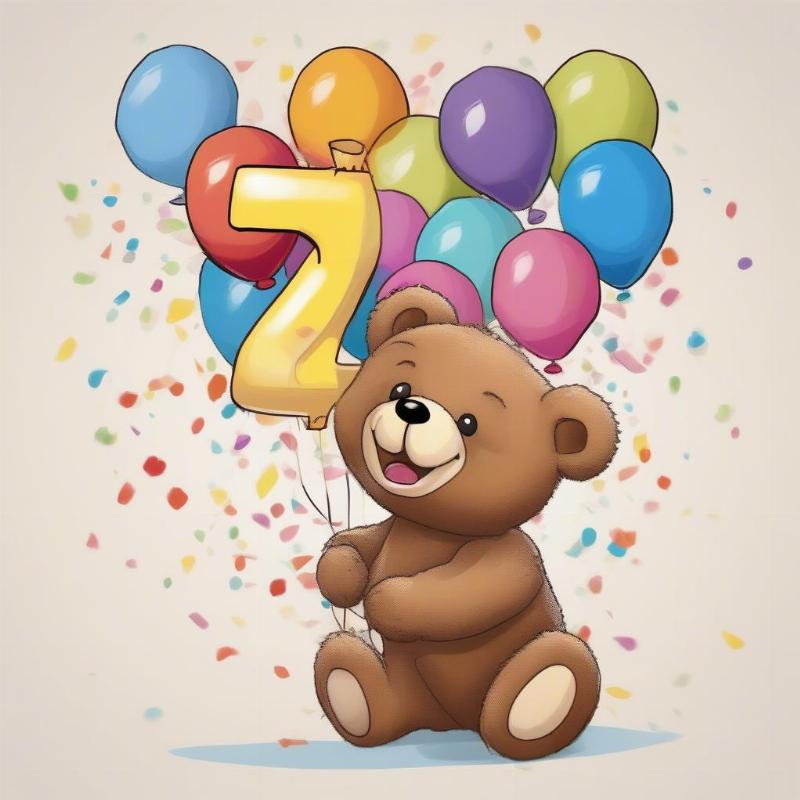 Fourth Birthday Teddy Bear with Balloons Coloring Page