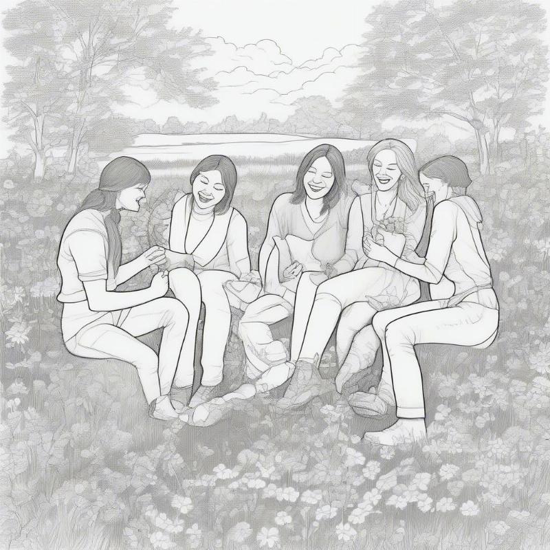 Friends Sharing Flowers Coloring Page