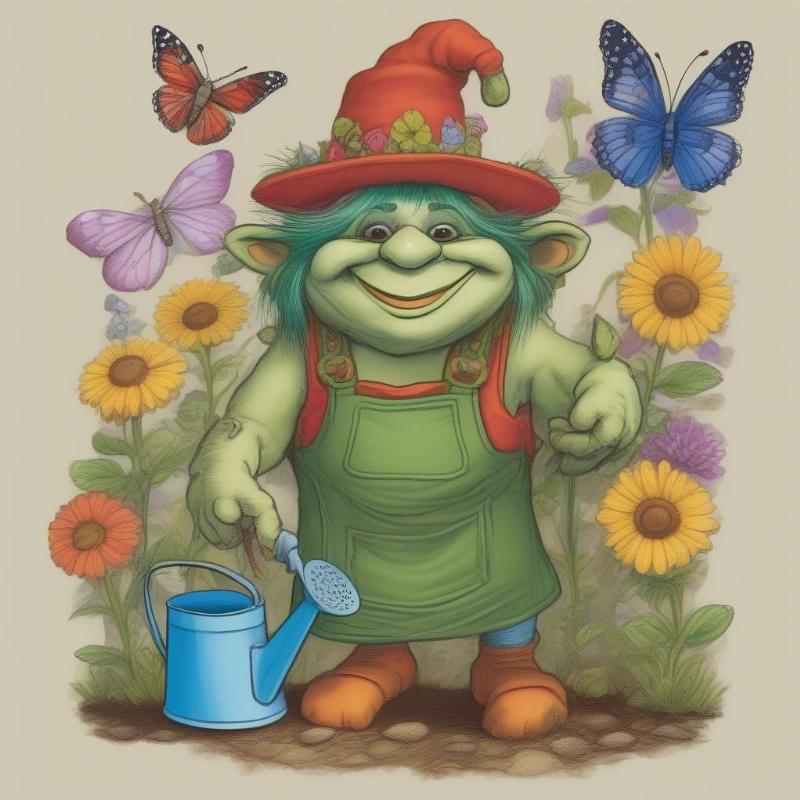 Gardener Troll Watering Flowers Coloring Page