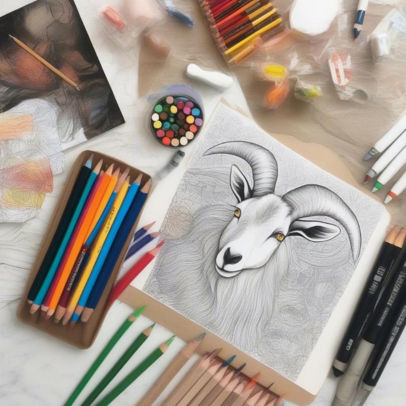 Coloring supplies for goat-themed illustrations