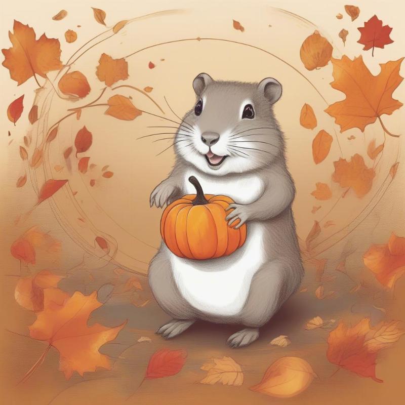 Gopher holding a pumpkin in an autumn field with falling leaves scattered.